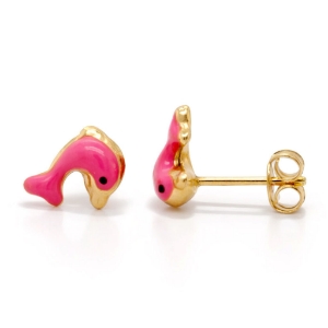 Image de 10K Jaune - Petite Boucles Dauphin Rose Avec Papillons ORBT03/E