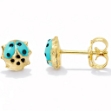 Picture of 10K Yellow - Mini Lady Bug Earrings With Butterflies ORBT12/E (Turquoise + Black Enamel) 